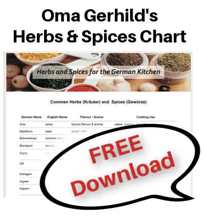 Tableau d'herbes et d'épices téléchargeable gratuitement d'Oma's Free downloadable Herbs & Spices Chart