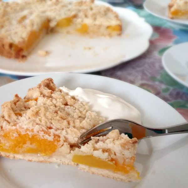 This German streusel fruit tart, Obstkuchen mit Streusel, uses either fresh or canned fruit, such as apricots, peaches, cherries. A delicious treat, just like Oma bakes.